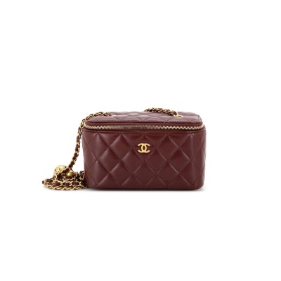 CHANEL PEARL CRUSH VANITY WITH CHAIN QUILTED LAMBSKIN BURGUNDY AP2303 (17*9.5*8cm)